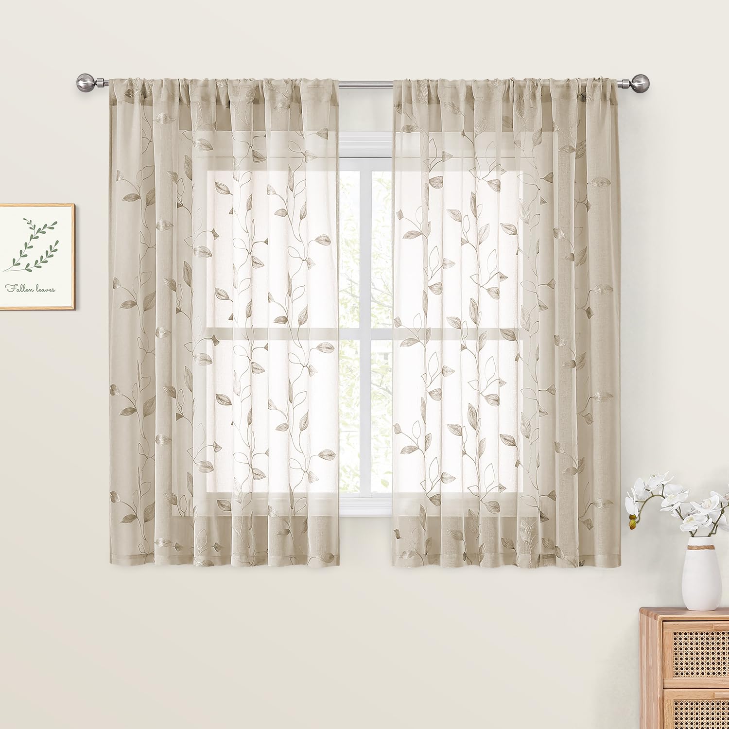 Homeideas Taupe Sheer Curtains 52 X 54 Inch Length 2 Panels Beige Embroidered Leaf Pattern Short Curtains For Bedroom Half/Small